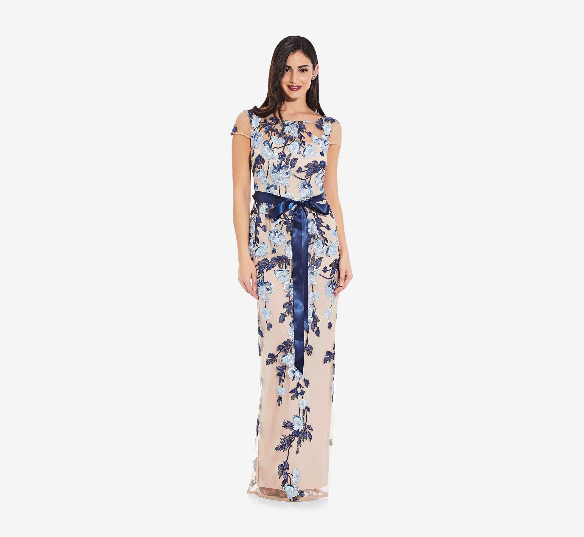 Floral Embroidered Gown with Tie Waist 