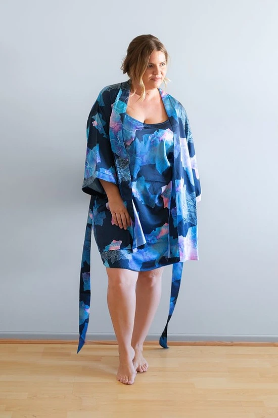 Sienna Navy Blue Floral Satin Robe