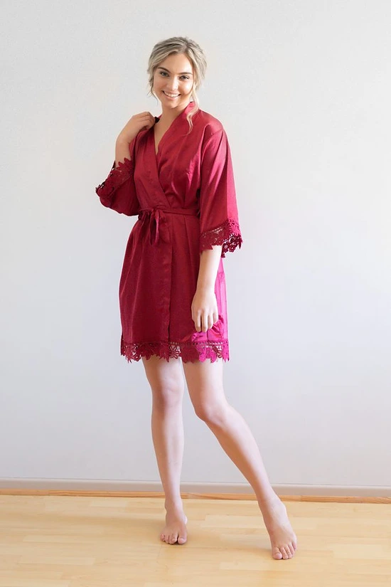 Ella Burgundy Red Lace Satin Robe
