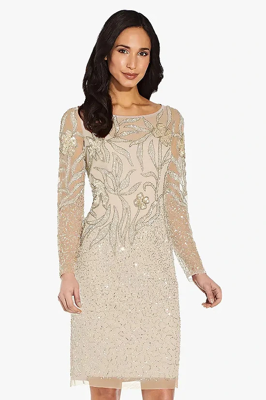 JOANNA FULL SLEEVE FLORAL SEQUIN DRESS– BISCOTTI 1