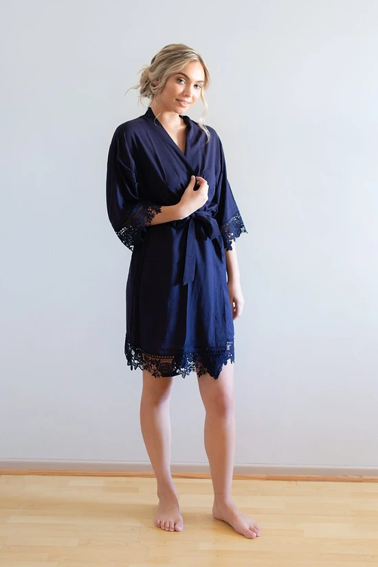 Rosa Navy Blue Cotton Lace Robe