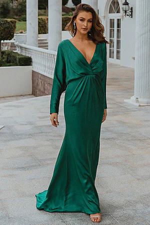 Nelson Full Sleeve Satin Gown by Tania Olsen - Emerald