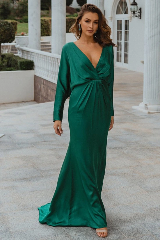 NELSON FULL SLEEVE SATIN GOWN – EMERALD 1