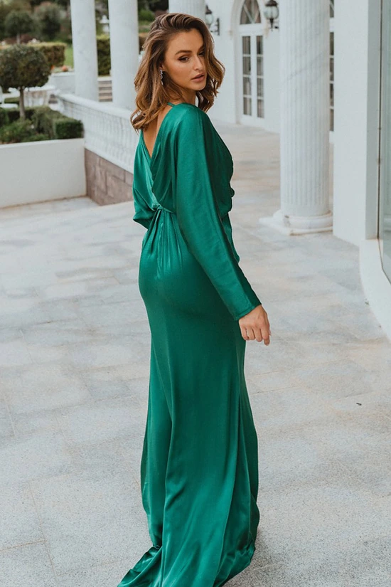 NELSON FULL SLEEVE SATIN GOWN – EMERALD 2