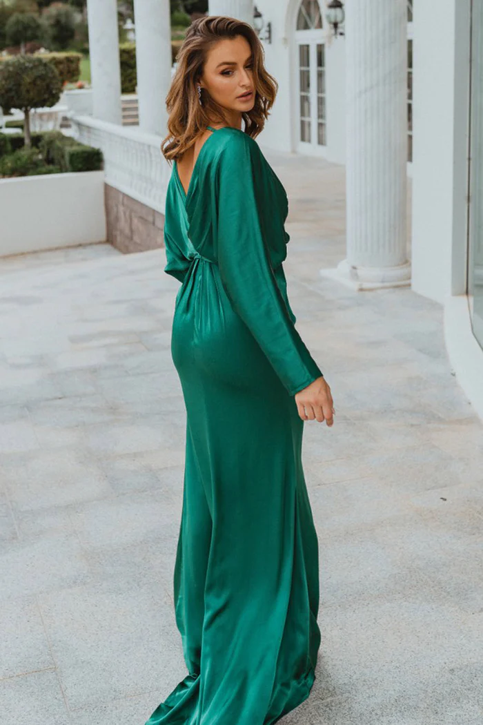 NELSON FULL SLEEVE SATIN GOWN – EMERALD 2