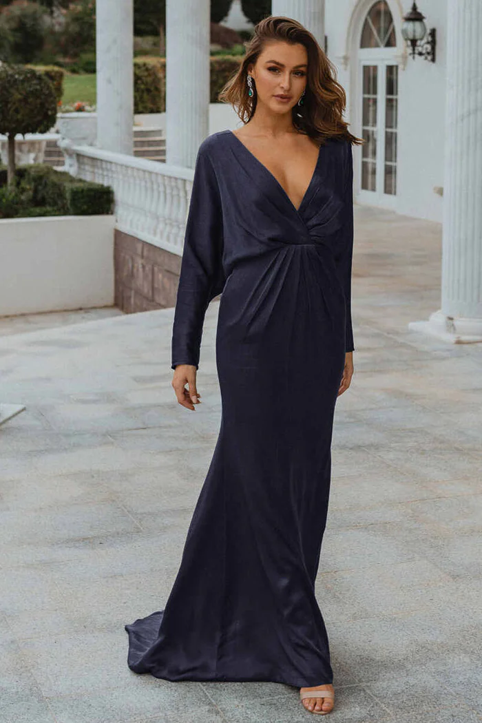 NELSON FULL SLEEVE SATIN GOWN – NAVY BLUE 1