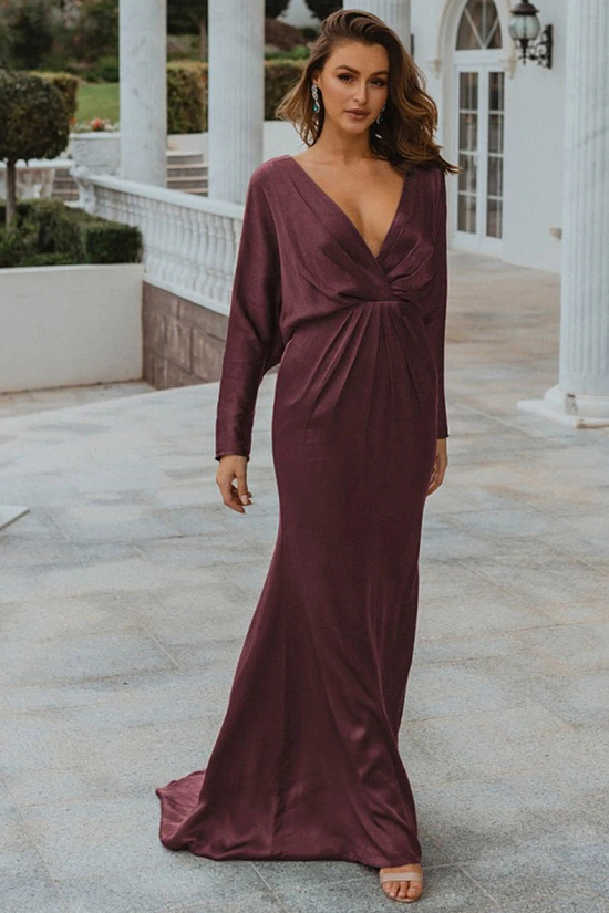NELSON FULL SLEEVE SATIN GOWN– PLUM 1