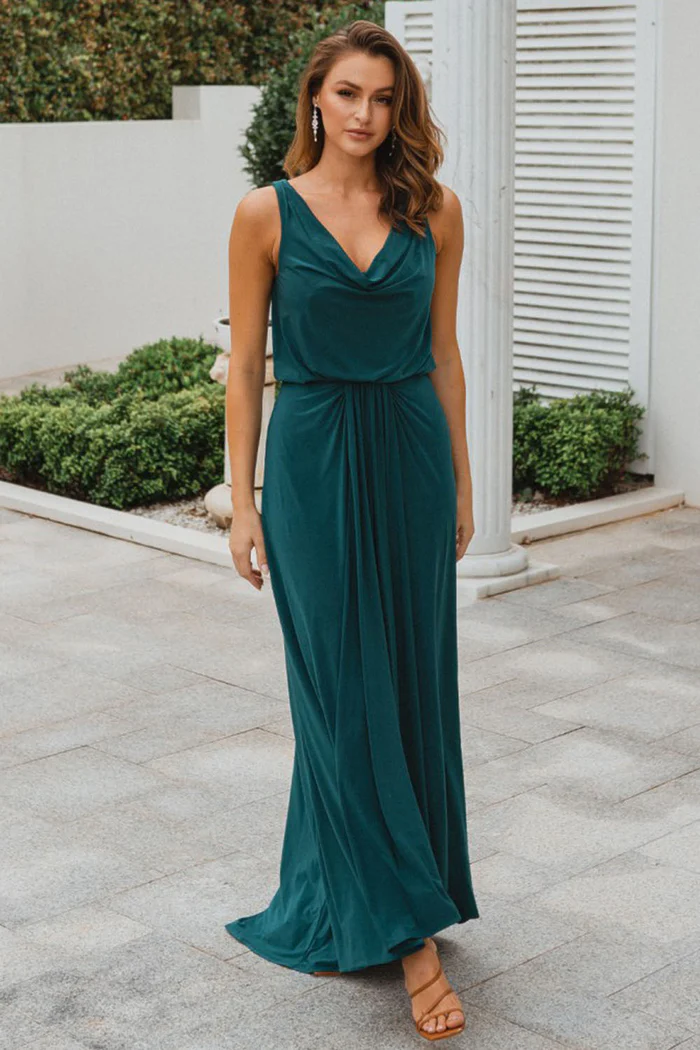 NOVARA COWL JERSEY DRESS – PINE GREEN 1