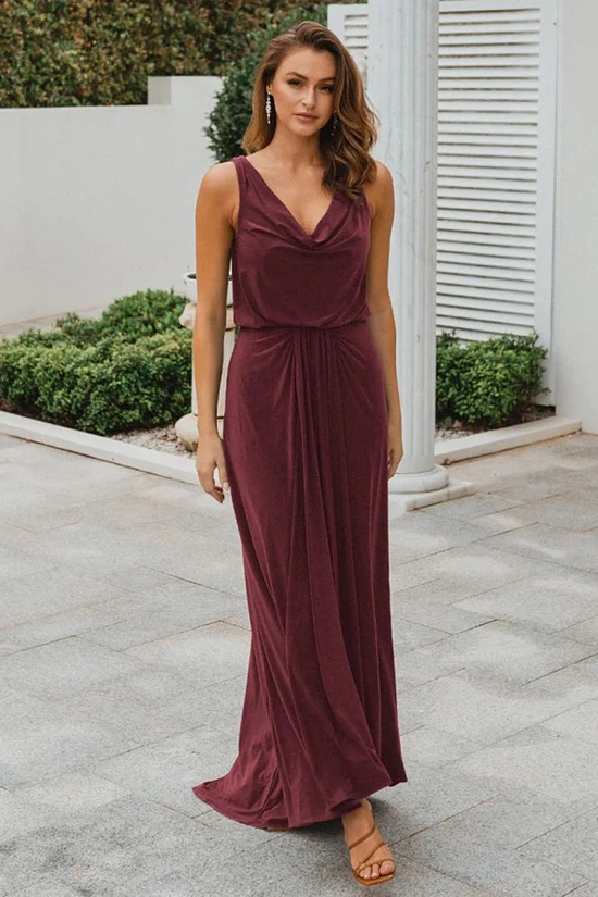 NOVARA COWL JERSEY DRESS – WINE RED 1