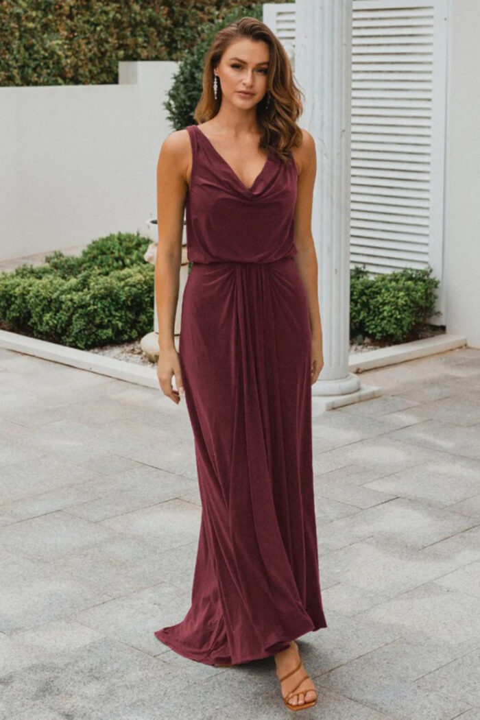 NOVARA COWL JERSEY DRESS – WINE RED 1