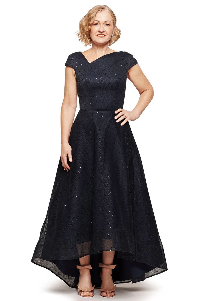 CORA ASYMMETRIC SEQUIN GOWN IN NAVY 1