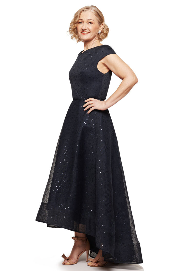 CORA ASYMMETRIC SEQUIN GOWN IN NAVY 2