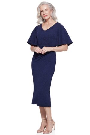 CATHERINE FLUTTER SLEEVE MID LENGTH GOWN IN NAVY BLUE