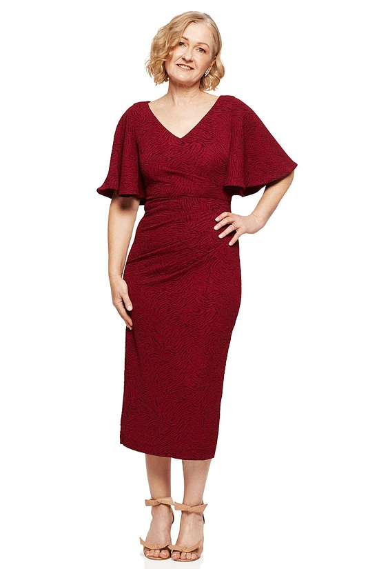 CATHERINE FLUTTER SLEEVE MID LENGTH GOWN IN WINE 1 1