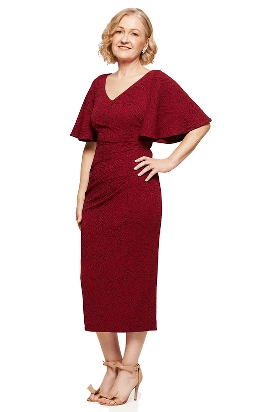CATHERINE FLUTTER SLEEVE MID LENGTH GOWN IN WINE 2 1