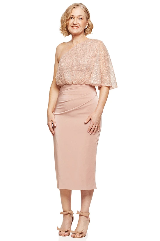 COLLEEN ONE SHOULDER MID LENGTH GOWN IN BLUSH 1