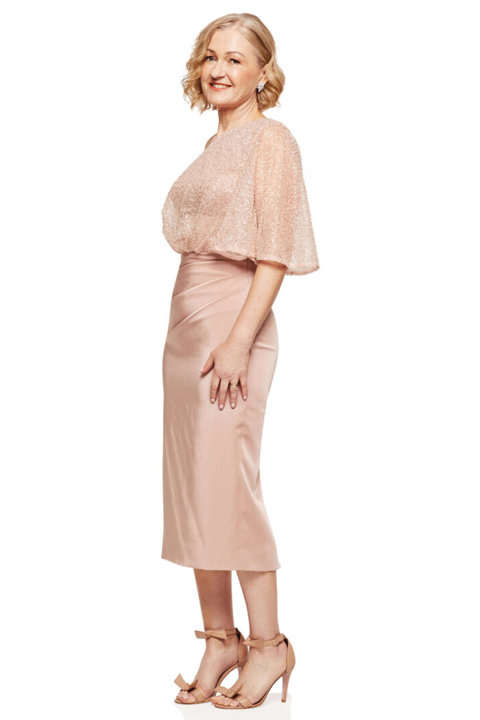 COLLEEN ONE SHOULDER MID LENGTH GOWN IN BLUSH 2