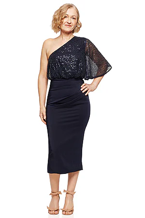 Colleen One Shoulder Mid Length Gown by Trellis Lane in Navy