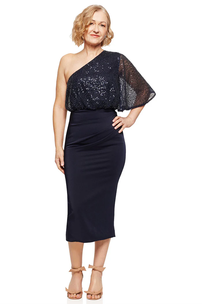COLLEEN ONE SHOULDER MID LENGTH GOWN IN NAVY 1
