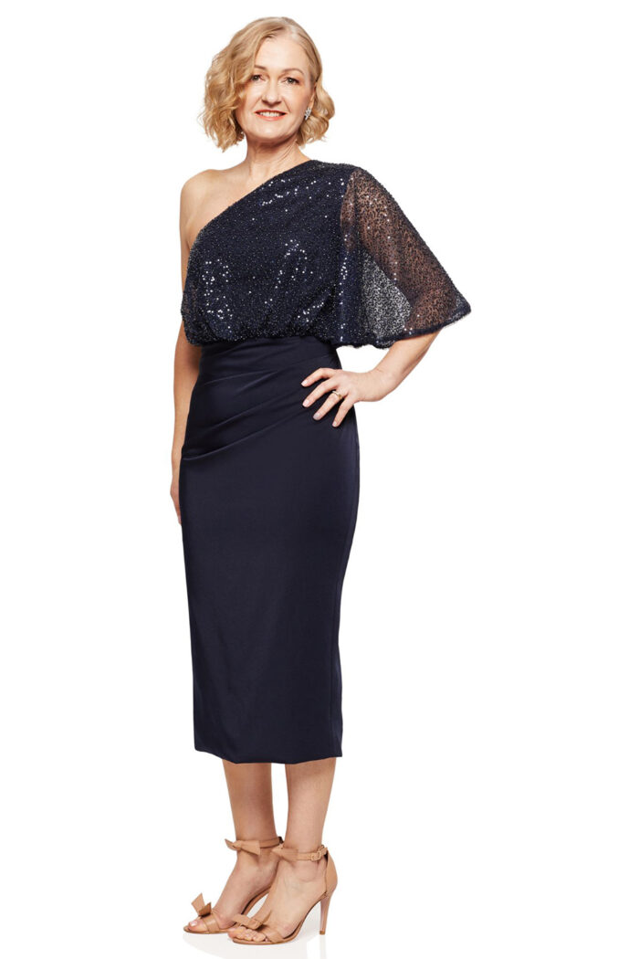 COLLEEN ONE SHOULDER MID LENGTH GOWN IN NAVY 2