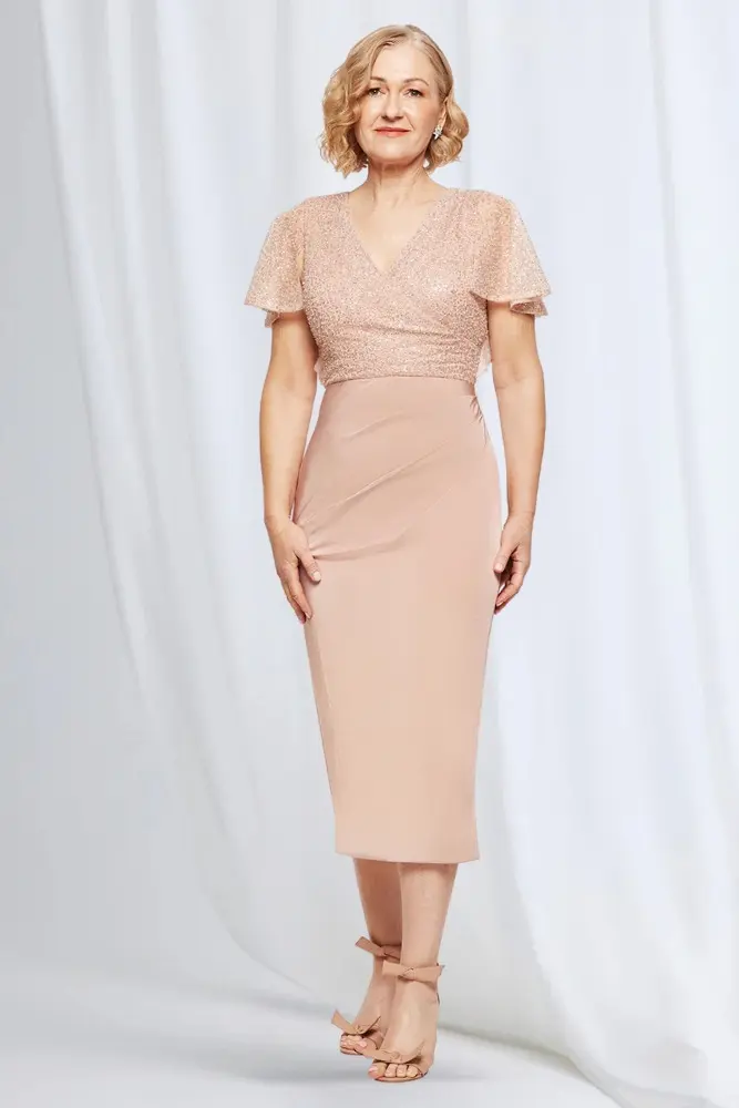 Joyce Beaded Mid Length Dress Soft Silhouette Detail in Blush Mother of the Bride Dress