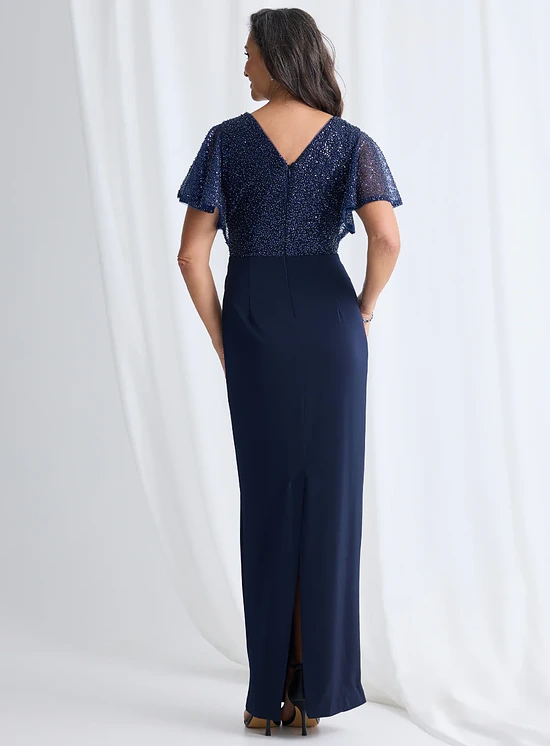 Joyce Beaded Pencil Gown Refined Detail in Navy Mother of the Groom Dress