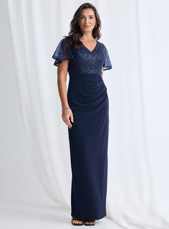 Joyce Beaded Pencil Gown Refined Detail in Navy Mother of the Groom Dress