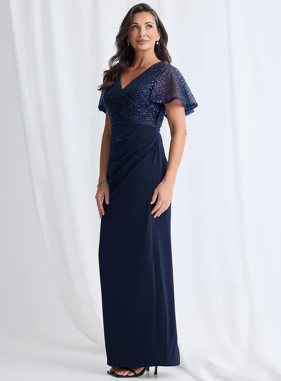 Joyce Beaded Pencil Gown Refined Detail in Navy Mother of the Groom Dress