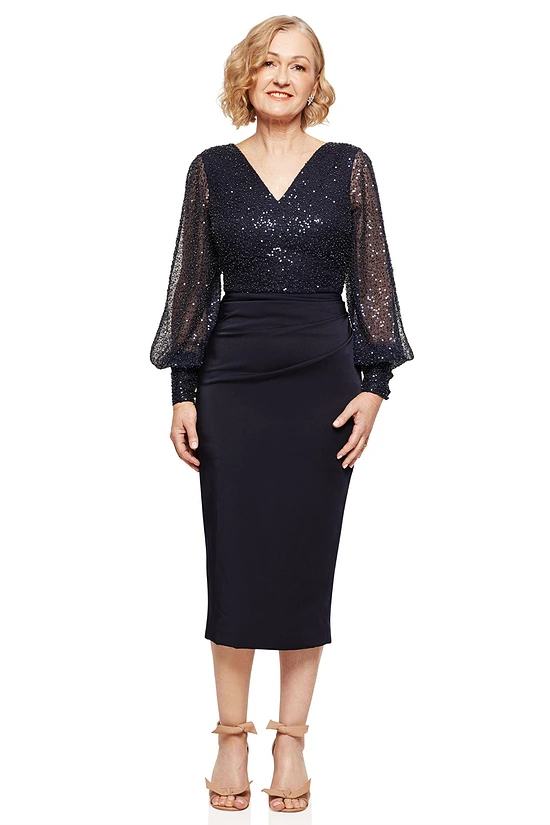 LOIS LONG SLEEVE BEADED MID LENGTH GOWN IN NAVY 1