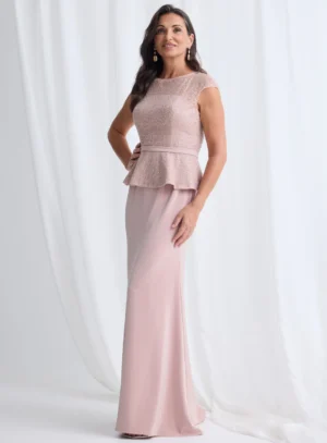 open lace back dress Womens Peplum Pencil Dress  Modest Structured Work Dress with Elbow Sleeves Black / S at SexyModest