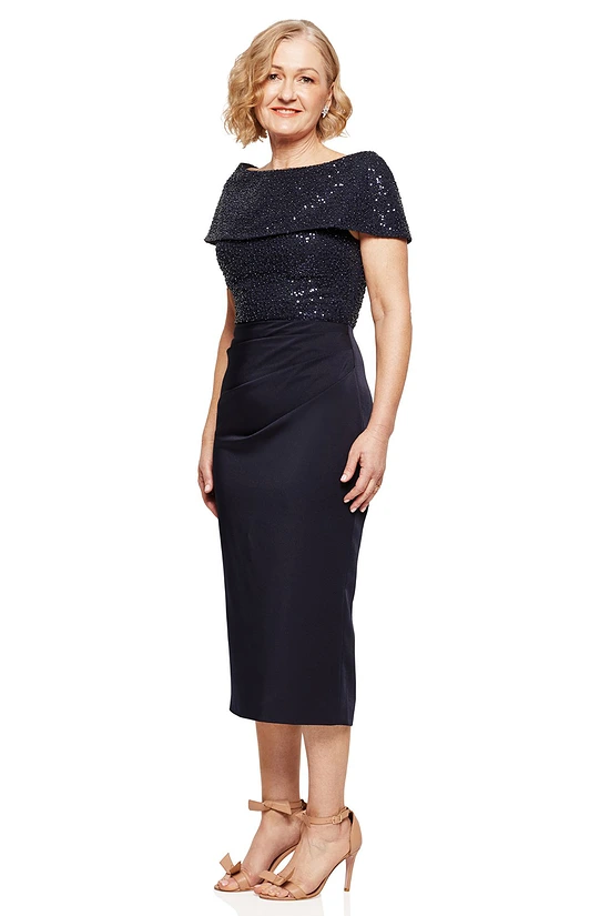 VERONICA OFF THE SHOULDER BEADED MID LENGTH GOWN IN NAVY 2