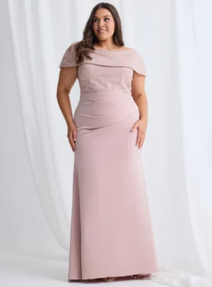 Veronica Beaded Off Shoulder Blush Gown by Trellis Lane