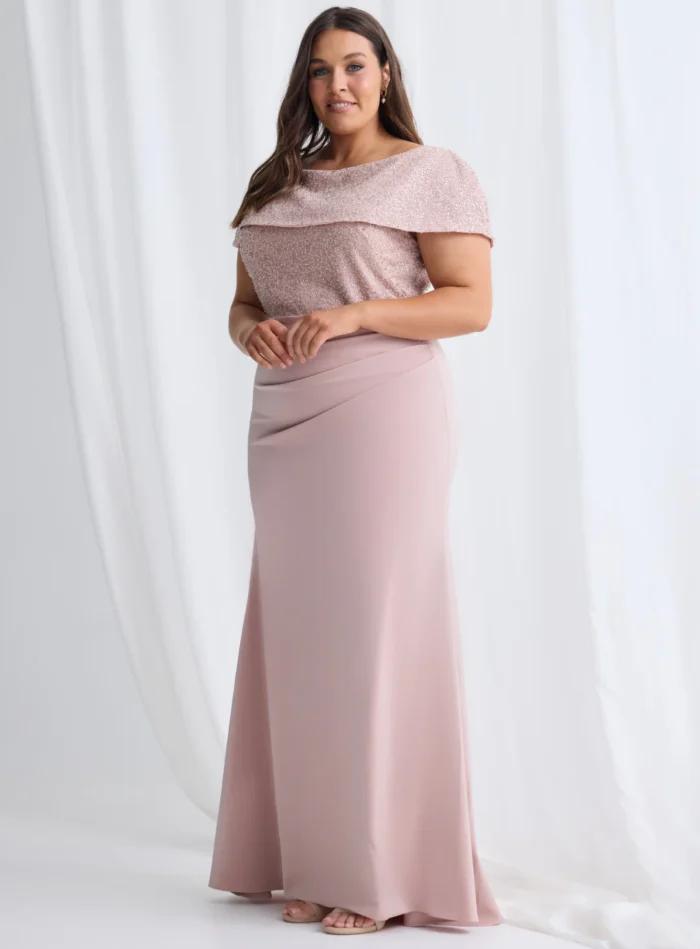 Veronica Beaded Off Shoulder Gown in Blush Mother of the Bride Dress