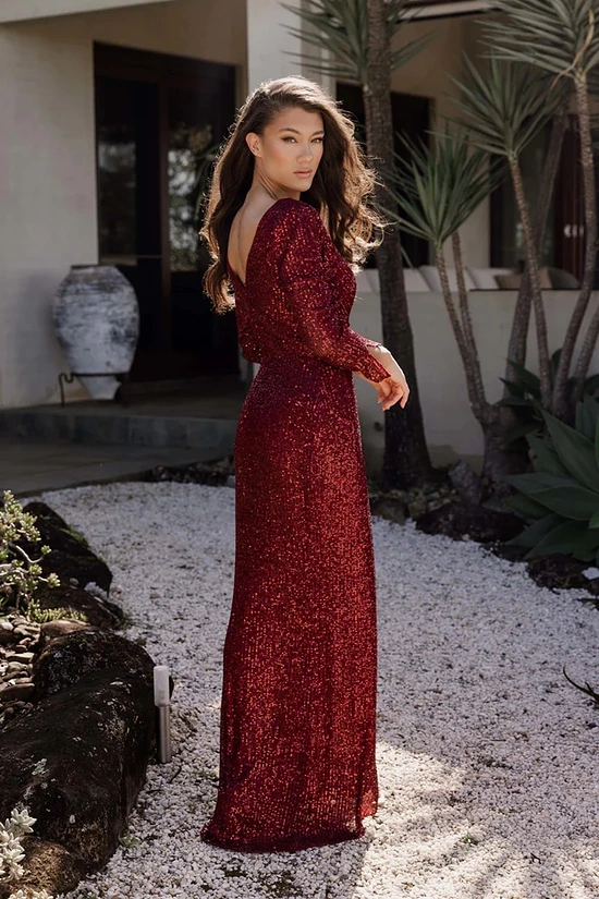 Madonna Sequin Evening Gown by Tania Olsen – Wine Red