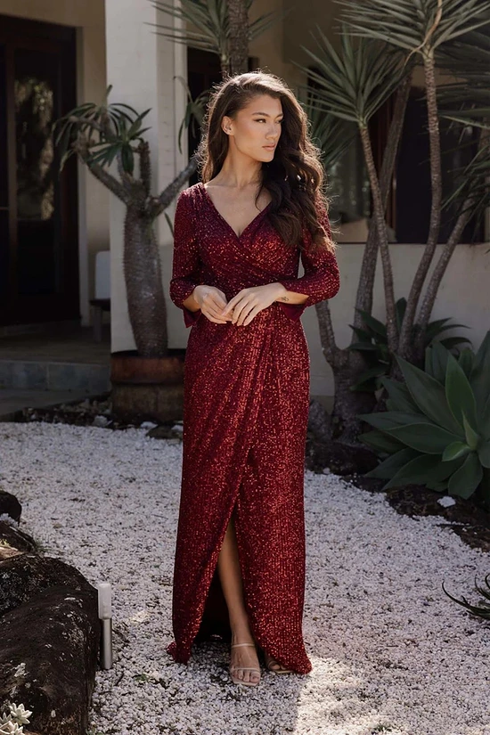 Madonna Sequin Evening Gown by Tania Olsen – Wine Red