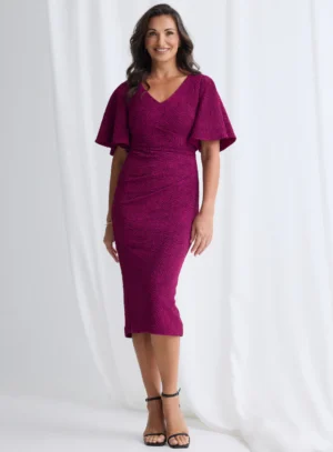 Catherine Flutter Sleeve Mid Length Magenta Gown by Trellis Lane