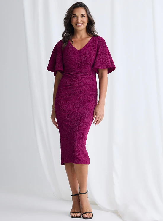 Catherine Flutter Sleeve Mid Length Gown in Magenta Mother of the Bride Dress