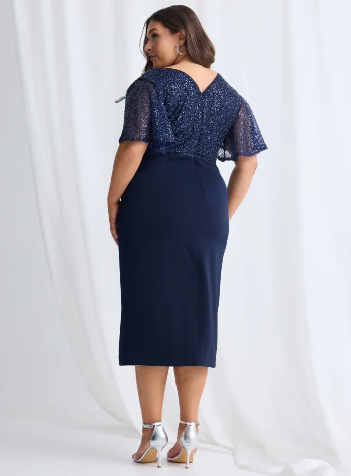 Joyce Beaded Mid Length Dress Soft Refined Silhouette in Navy Mother of the Groom Dress
