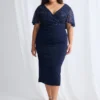 Joyce Beaded Mid Length Dress Soft Refined Silhouette in Navy Mother of the Groom Dress