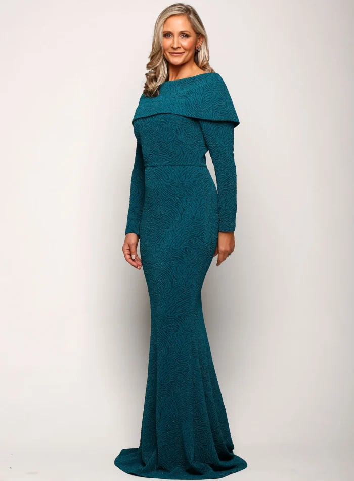 Phoebe Dress with Sleeves with Polished Elegance in Teal Mother of the Groom Dress