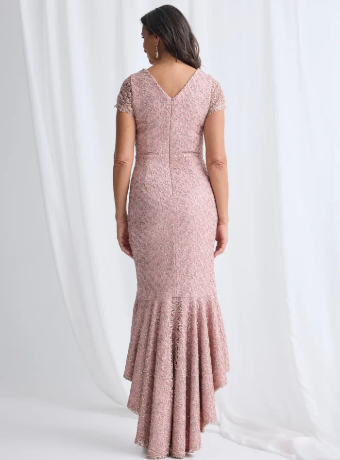 Stasia Hi Lo Dress Understated Shine in a Mermaid Silhouette in Blush Mother of the Groom Dress