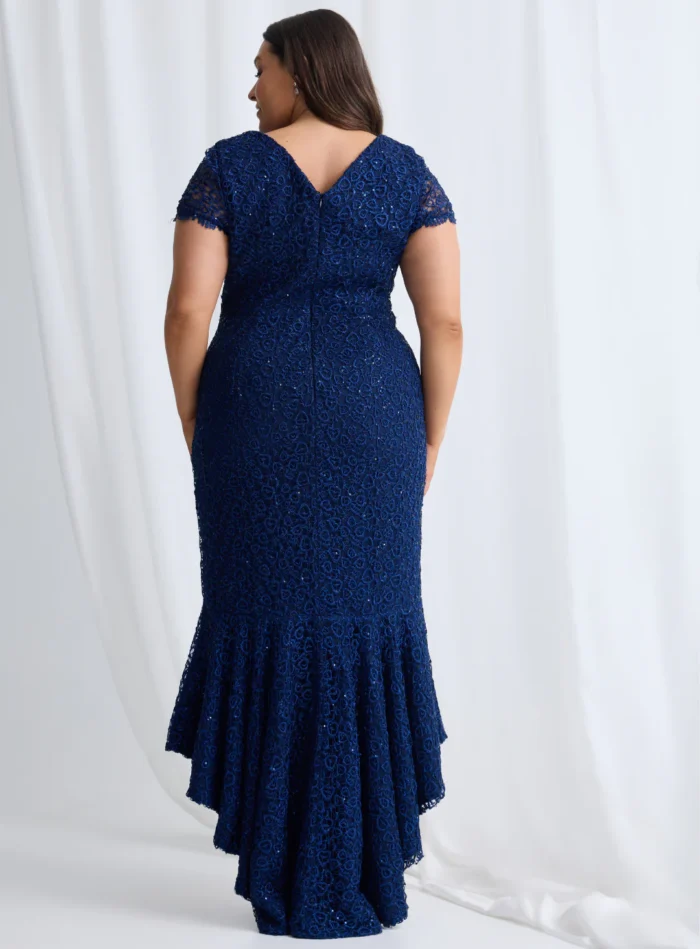 Stasia Hi Lo Dress Understated Shine in a Mermaid Silhouette in Navy Mother of the Groom Dress