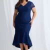Stasia Hi Lo Dress Understated Shine in a Mermaid Silhouette in Navy Mother of the Groom Dress