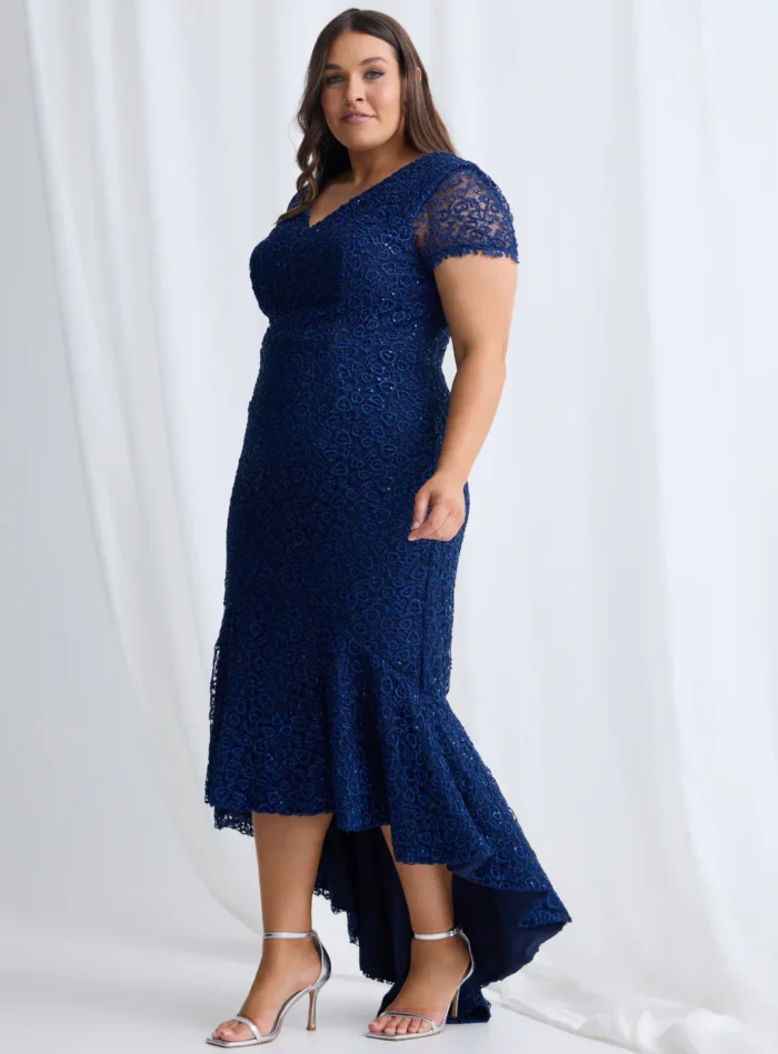 Stasia Hi Lo Dress Understated Shine in a Mermaid Silhouette in Navy Mother of the Groom Dress