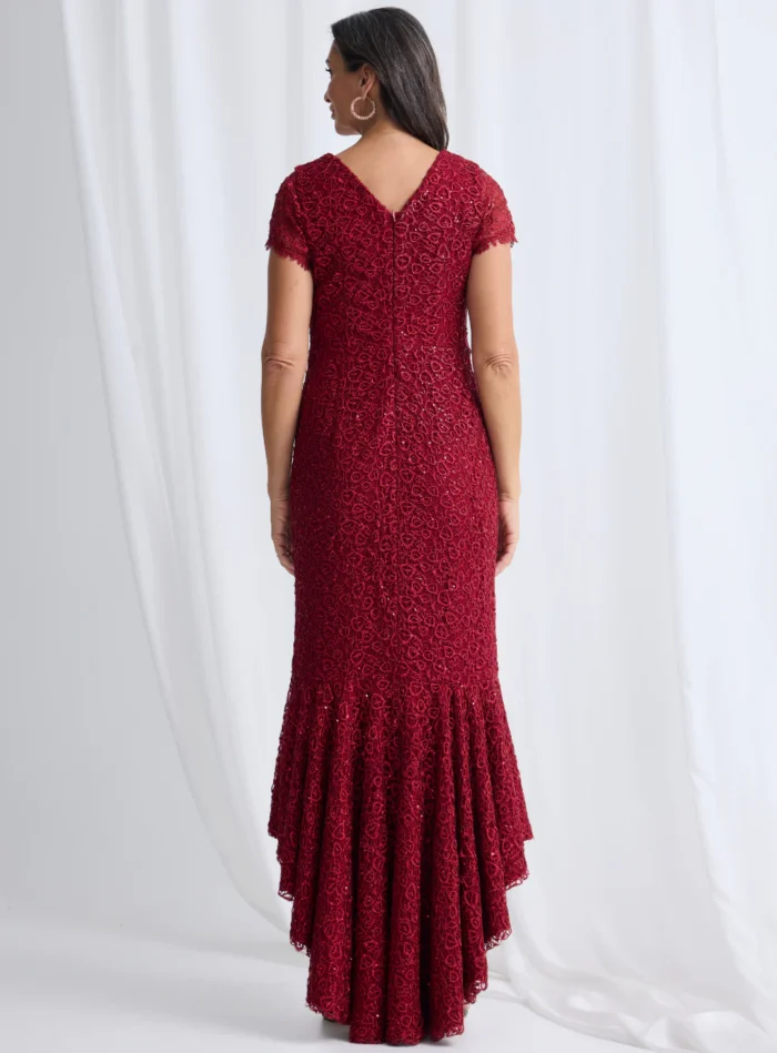 Stasia Hi Lo Dress Understated Shine in a Mermaid Silhouette in Wine Mother of the Groom Dress
