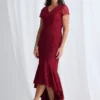 Stasia Hi Lo Dress Understated Shine in a Mermaid Silhouette in Wine Mother of the Groom Dress