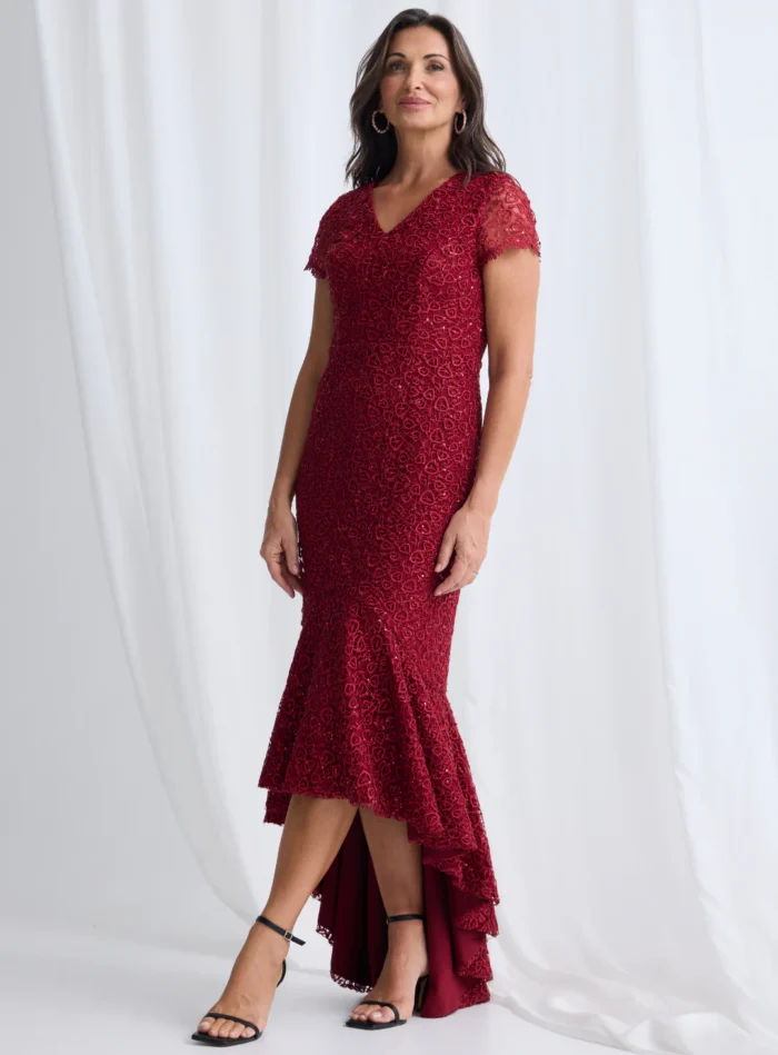Stasia Hi Lo Dress Understated Shine in a Mermaid Silhouette in Wine Mother of the Groom Dress