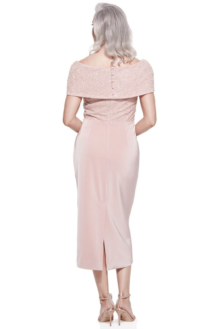 VERONICA OFF THE SHOULDER BEADED MID LENGTH GOWN BLUSH