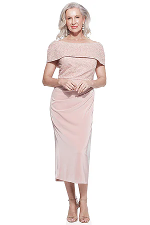 Veronica Off Shoulder Beaded Mid Length Gown by Trellis Lane in Blush