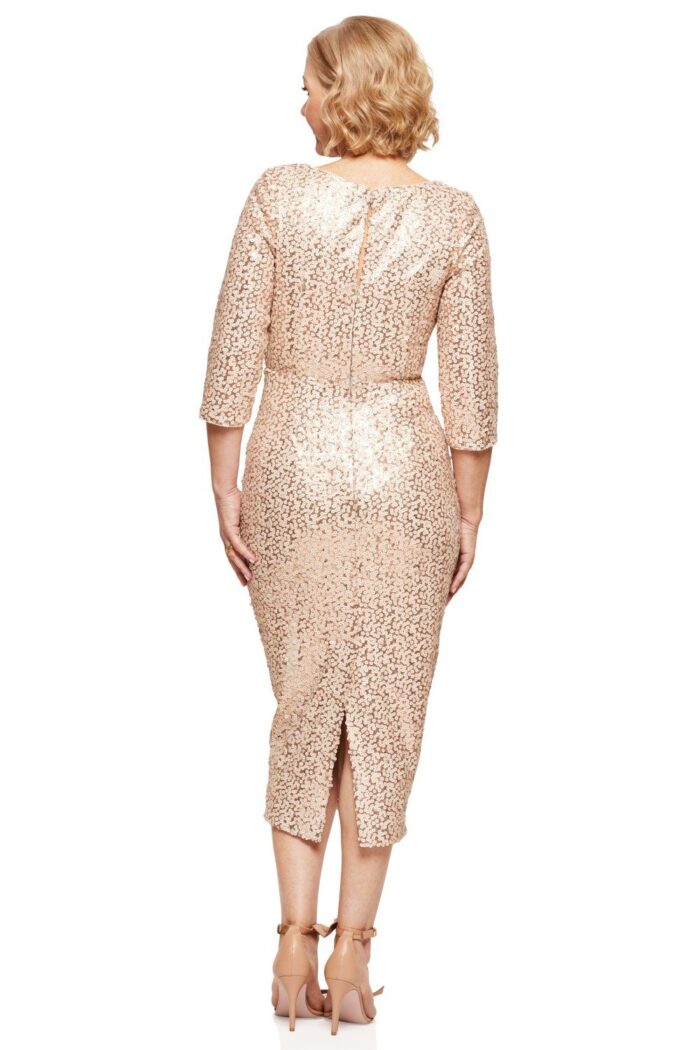 Lidia Sequin Cocktail Midi Gown by Trellis Lane in Champagne